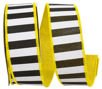 Black White Yellow 1-1 2 Inch Cabana Stripe Dupioni Backing Wired Edge Ribbon Rd for Wreaths & Bows