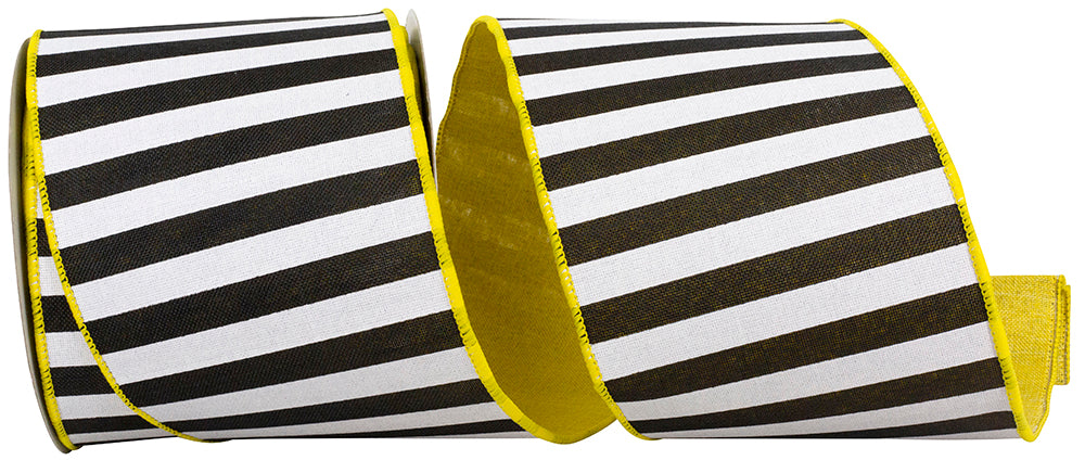 Black White Yellow 4 Inch Cabana Stripe Dupioni Backing Wired Edge Ribbon Rd for Wreaths & Bows