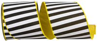 Black White Yellow 4 Inch Cabana Stripe Dupioni Backing Wired Edge Ribbon Rd for Wreaths & Bows