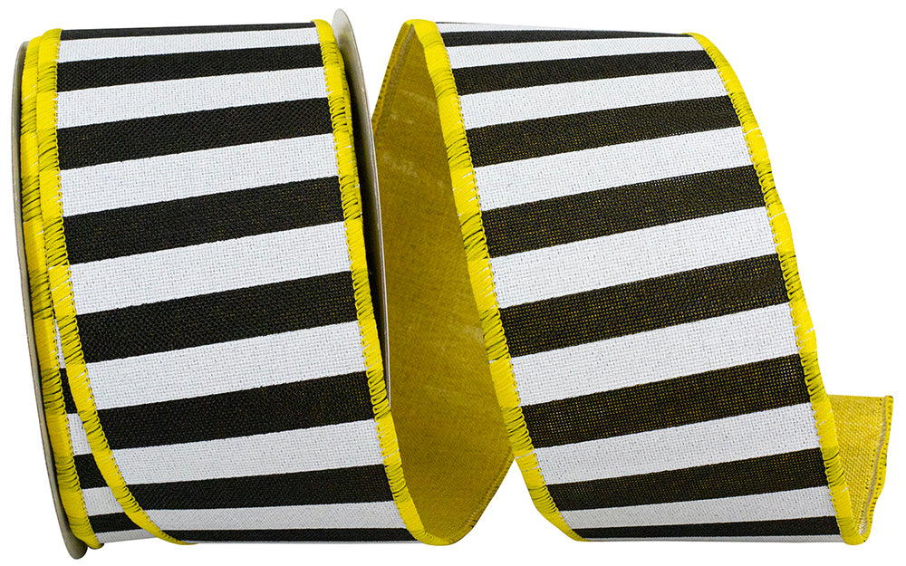 Black White Yellow 2-1 2 Inch Cabana Stripe Dupioni Backing Wired Edge Ribbon Rd for Wreaths & Bows