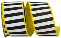 Black White Yellow 2-1 2 Inch Cabana Stripe Dupioni Backing Wired Edge Ribbon Rd for Wreaths & Bows