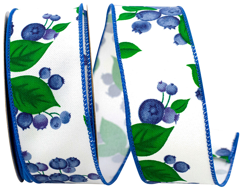 White 1-1 2 Inch Blueberries & Stems Twill Wired Edge Ribbon Rd for Wreaths & Bows