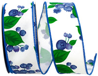 White 1-1 2 Inch Blueberries & Stems Twill Wired Edge Ribbon Rd for Wreaths & Bows