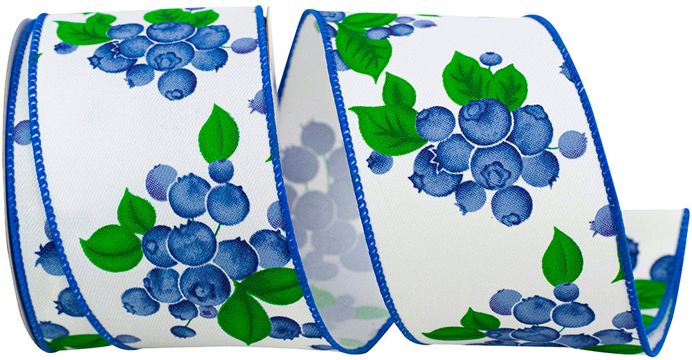 White 2-1 2 Inch Blueberries & Stems Twill Wired Edge Ribbon Rd for Wreaths & Bows