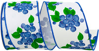 White 2-1 2 Inch Blueberries & Stems Twill Wired Edge Ribbon Rd for Wreaths & Bows