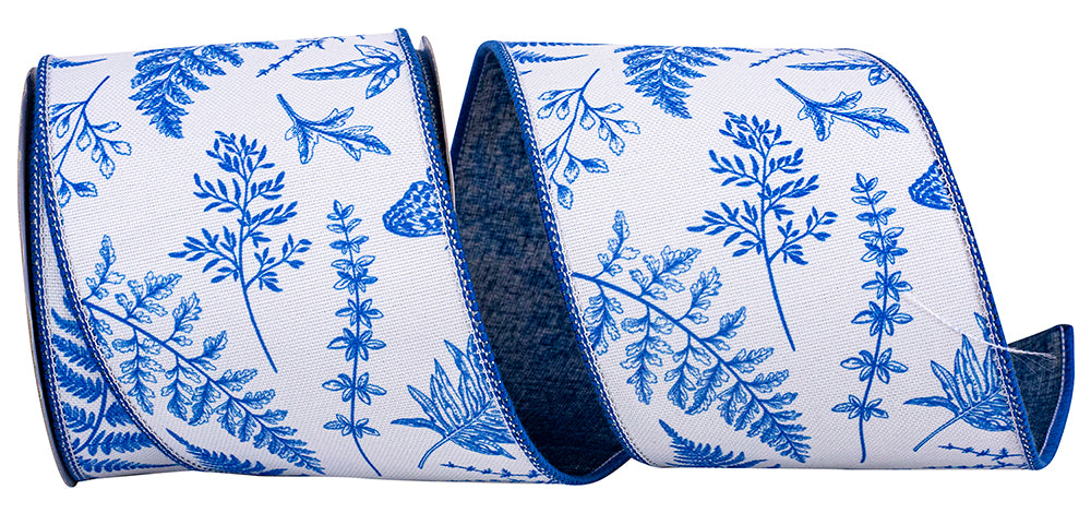White Blue 4 Inch Ferns & Branches Wired Edge Ribbon for Wreaths & Bows