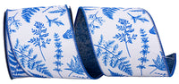 White Blue 4 Inch Ferns & Branches Wired Edge Ribbon for Wreaths & Bows