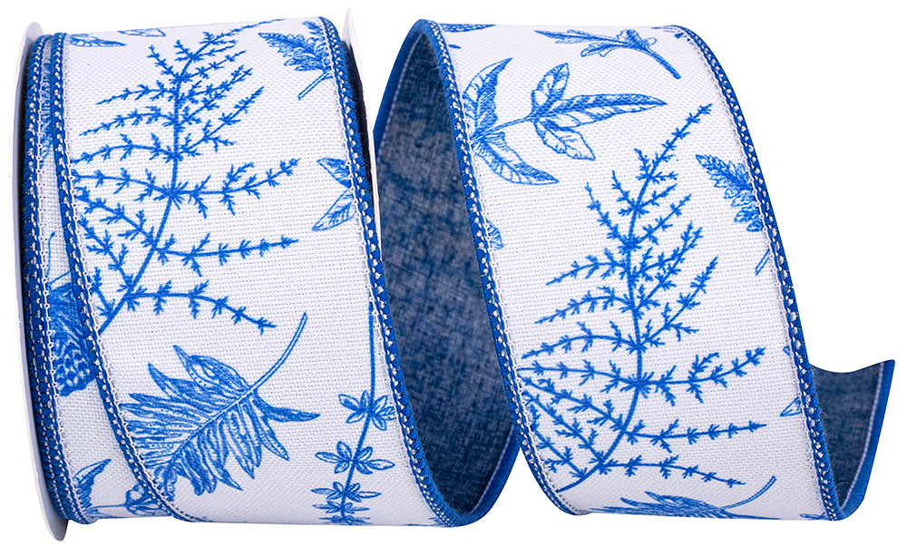 White Blue 2-1 2 Inch Ferns & Branches Wired Edge Ribbon for Wreaths & Bows