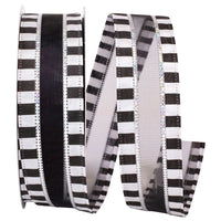 Black White 1-1 2 Inch Beetlejuice Ticking Sheer Wired Edge Ribbon for Wreaths & Bows