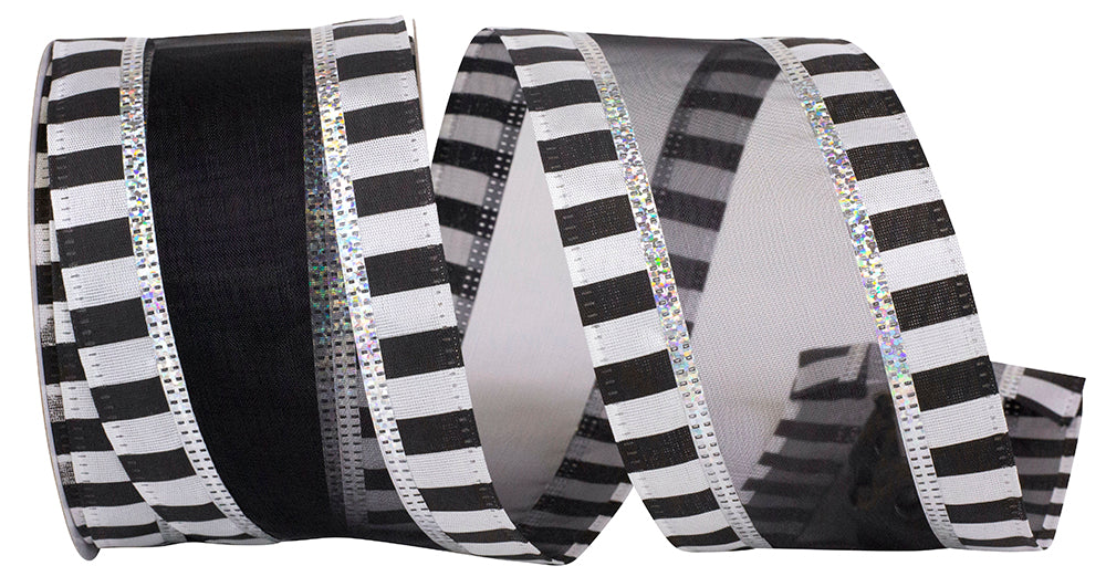 Black White 2-1 2 Inch Beetlejuice Ticking Sheer Wired Edge Ribbon for Wreaths & Bows