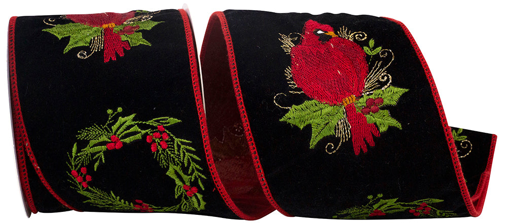 Black 4 Inch Cardinal Holly Embroidered Velvet Wired Edge Ribbon for Wreaths & Bows