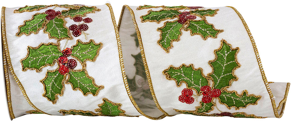 Holly Leaves Sequin Embroidered Ribbon White 4 Inch Dupioni