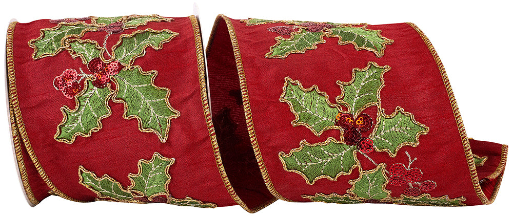 Holly Leaves Sequin Embroidered Ribbon Wine 4 Inch Dupioni