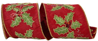 Holly Leaves Sequin Embroidered Ribbon Wine 4 Inch Dupioni