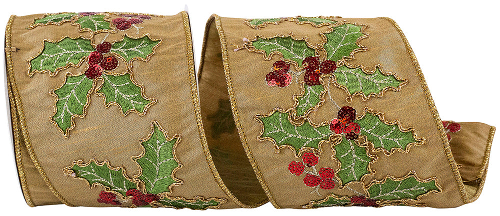 Holly Leaves Sequin Embroidered Dupioni Ribbon Antique 4 Inch