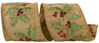 Holly Leaves Sequin Embroidered Dupioni Ribbon Antique 4 Inch