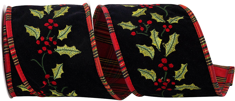 Holly Embroidered Velvet Ribbon Black Red 4 Inch for Bows