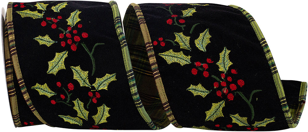 Holly Embroidered Velvet Ribbon Black Green 4 Inch 5 Yards