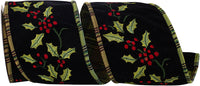 Holly Embroidered Velvet Ribbon Black Green 4 Inch 5Yds