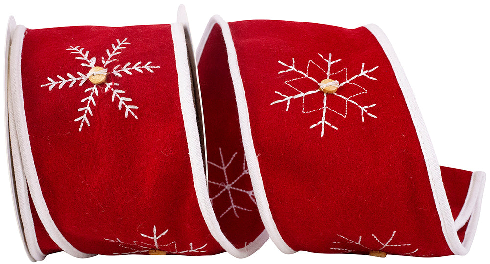 Red White 4 Inch Snowflake Felt Button Embroidered With Piping Wired Edge Ribbon for Wreaths & Bows