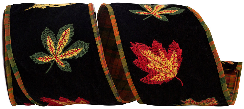Black Velvet Wired Edge Ribbon 4 Inch Leaves Embroidered