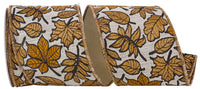Brown 4 Inch Sparkling Leaves Jacquard Gold Backed Wired Edge Ribbon for Wreaths & Bows