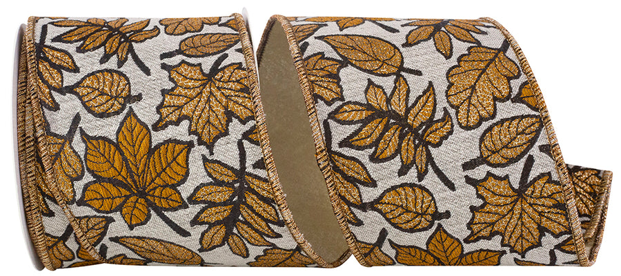 Brown 4 Inch Sparkling Leaves Jacquard Gold Backed Wired Edge Ribbon for Wreaths & Bows