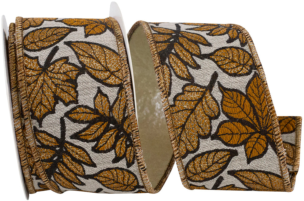 Brown 2-1 2 Inch Sparkling Leaves Jacquard Gold Backed Wired Edge Ribbon for Wreaths & Bows
