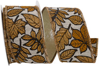 Brown 2-1 2 Inch Sparkling Leaves Jacquard Gold Backed Wired Edge Ribbon for Wreaths & Bows