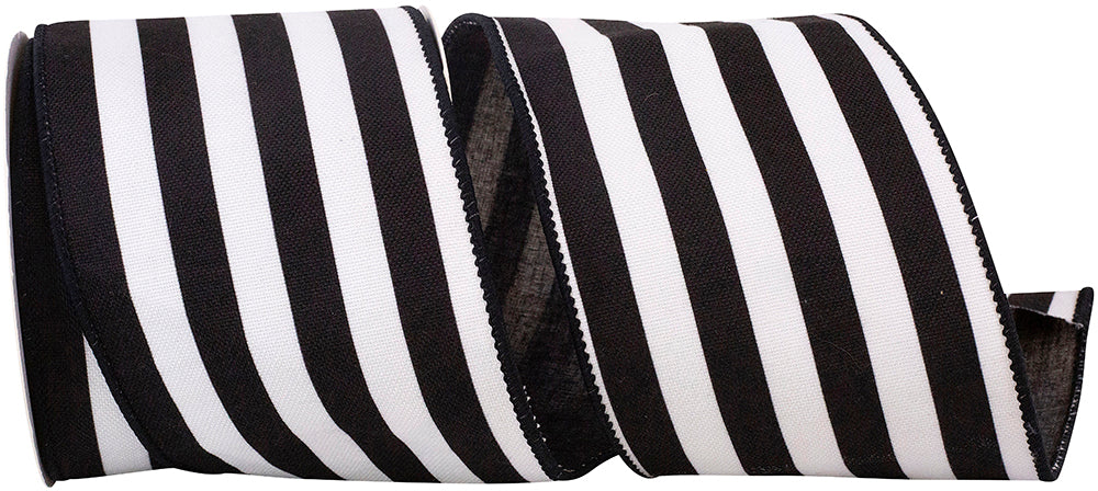 4 Inch Black White Striped Canvas Wired Edge Ribbon