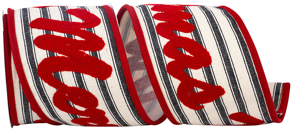 White Red 4 Inch Merry Christmas Embroidered Ticking Stripe Wired Edge Ribbon for Wreaths & Bows
