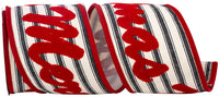 White Red 4 Inch Merry Christmas Embroidered Ticking Stripe Wired Edge Ribbon for Wreaths & Bows