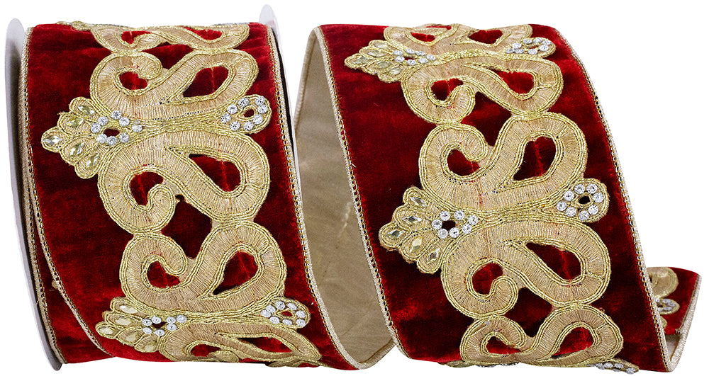 Red Gold 4 Inch Jeweled Coronation Velvet Plush Gold Backed Wired Edge Ribbon for Wreaths & Bows