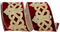 Red Gold 4 Inch Jeweled Coronation Velvet Plush Gold Backed Wired Edge Ribbon for Wreaths & Bows