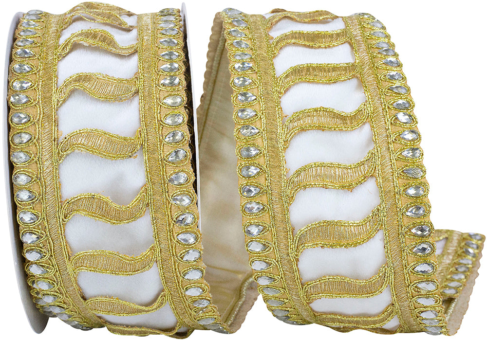Ivory 2-1 2 Inch Jeweled Trim Elegance Velvet Wired Edge Ribbon for Wreaths & Bows