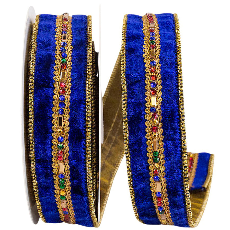 Royal 1-1 2 Inch Jewel Stones Trim Velvet Luxe Wired Edge Ribbon for Wreaths & Bows