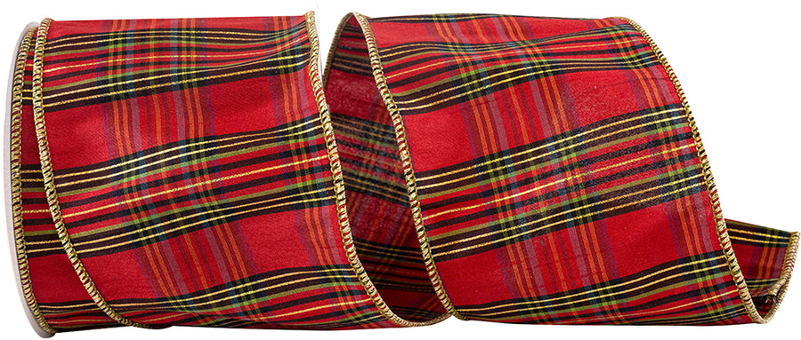 Red Plaid Dupioni Wired Edge Ribbon 4 Inch for Wreaths
