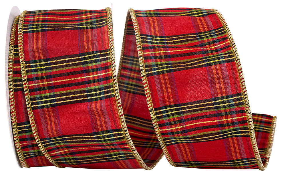 Red 2-1/2 Inch Grandisimo Plaid Dupioni Wired Edge Ribbon