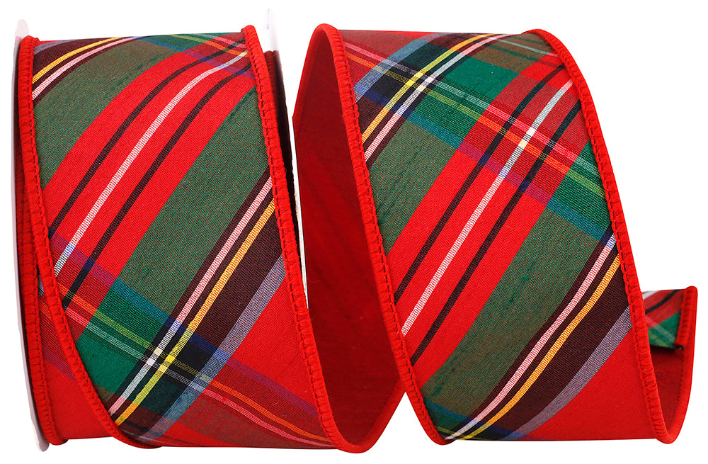 Red Plaid Dupioni Wired Edge Ribbon 2-1/2 Inch for Bows