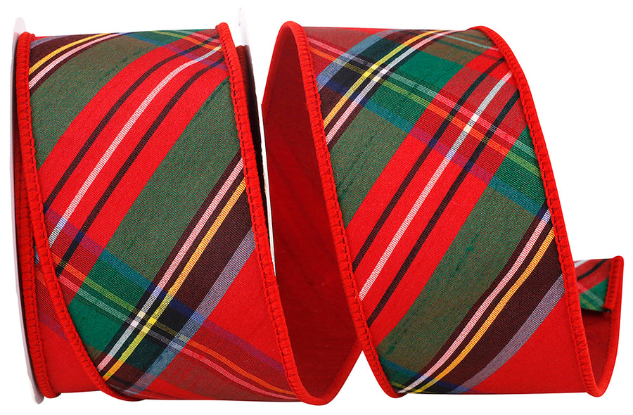 Red Plaid Dupioni Wired Edge Ribbon 2-1/2 Inch for Bows