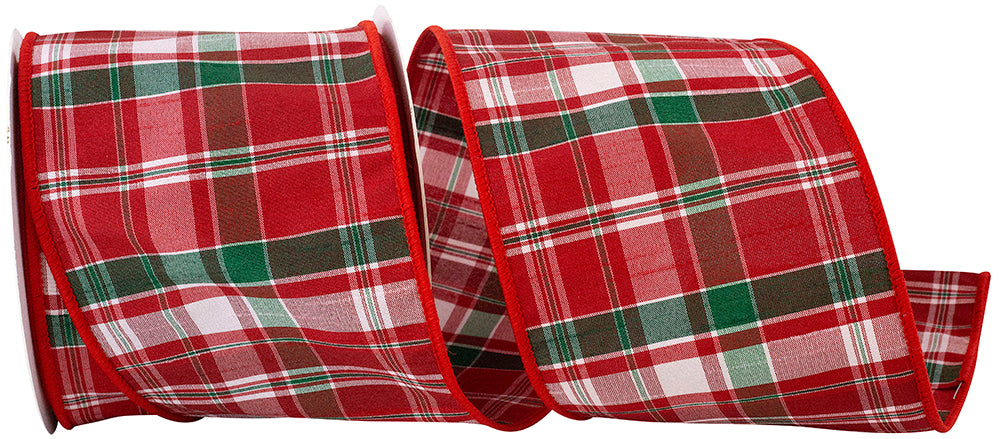 Spearmint Plaid Dupioni Ribbon 4 Inch Red White 10 Yards