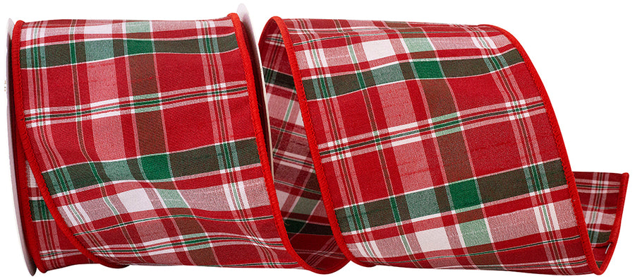 Spearmint Plaid Dupioni Ribbon 4 Inch Red White 10Yds