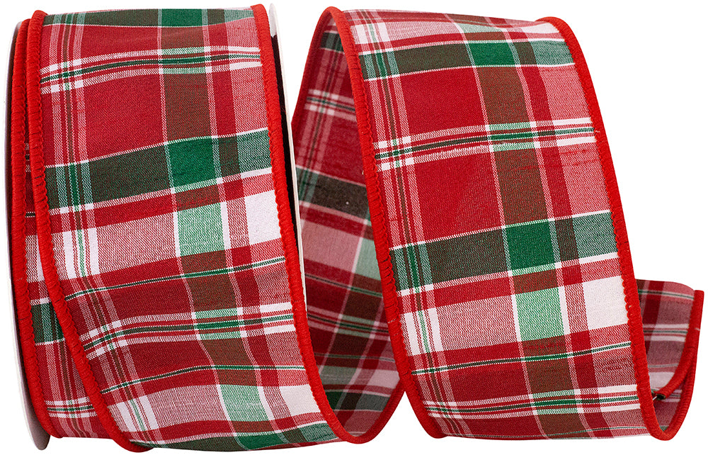 Spearmint Plaid Dupioni Wired Edge Ribbon Red White 2-1/2 Inch