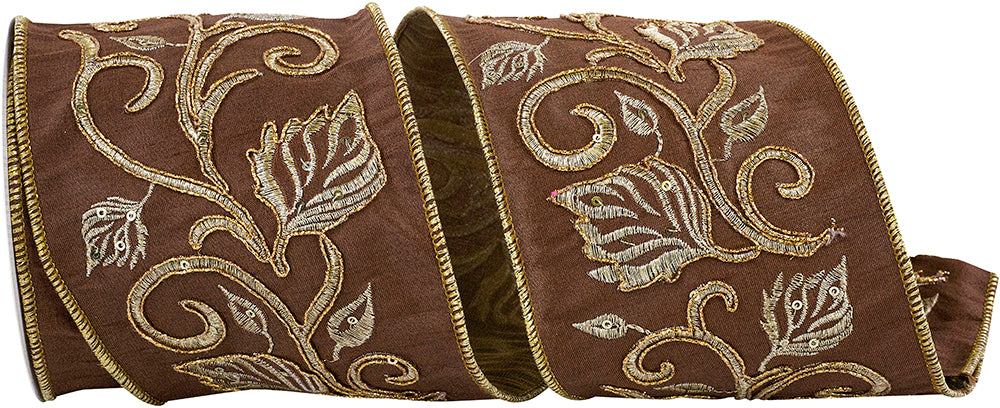 Brown 4 Inch Leaf Scroll Embroidered Dupioni Meshed Back Wired Edge Ribbon for Wreaths & Bows