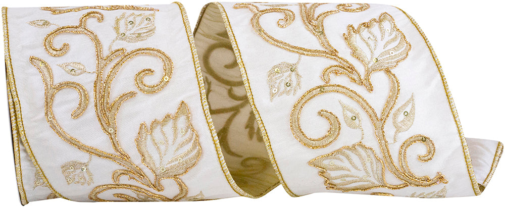 Ivory 4 Inch Leaf Scroll Embroidered Dupioni Meshed Back Wired Edge Ribbon for Wreaths & Bows