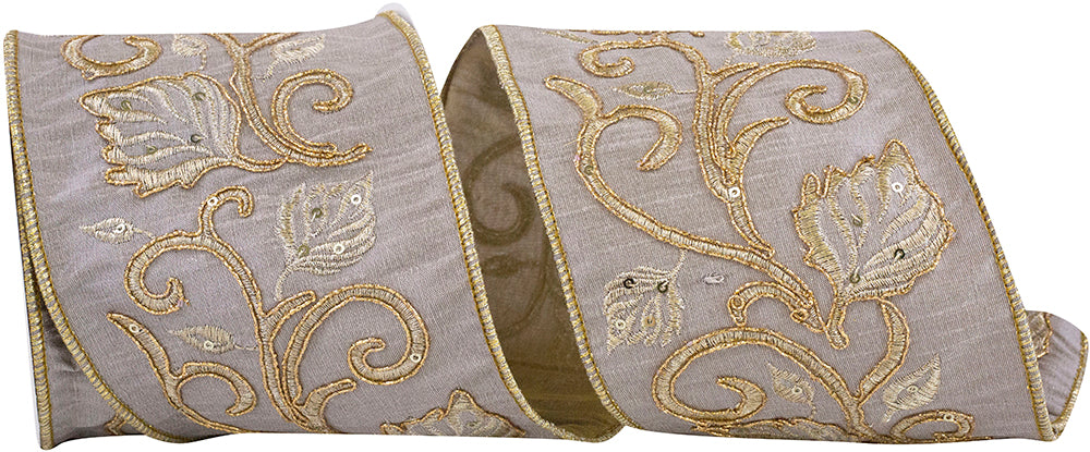 Champagne 4 Inch Leaf Scroll Embroidered Dupioni Meshed Back Wired Edge Ribbon for Wreaths & Bows