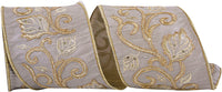 Champagne 4 Inch Leaf Scroll Embroidered Dupioni Meshed Back Wired Edge Ribbon for Wreaths & Bows