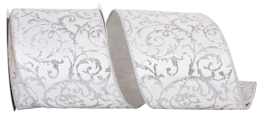 Silver Glitter Filigree Velvet Wired Edge Ribbon 4 Inch