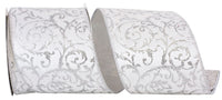 Silver Glitter Filigree Velvet Wired Edge Ribbon 4 Inch