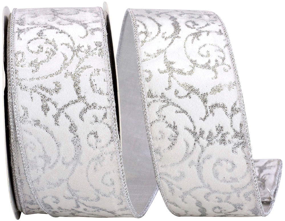 Silver Glitter Filigree Velvet Wired Edge Ribbon 2-1/2 Inch
